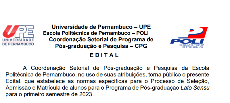 Inscrições para Pós-graduação POLI-UPE 2023.1