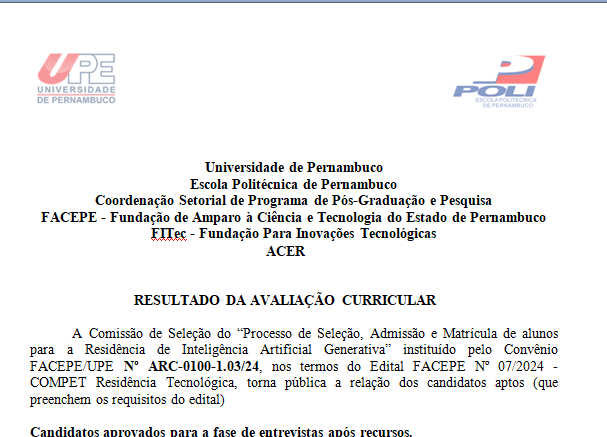 Candidatos à Residência de IA Generativa Poli-UPE 2024, aprovados para a fase de entrevistas após recursos.