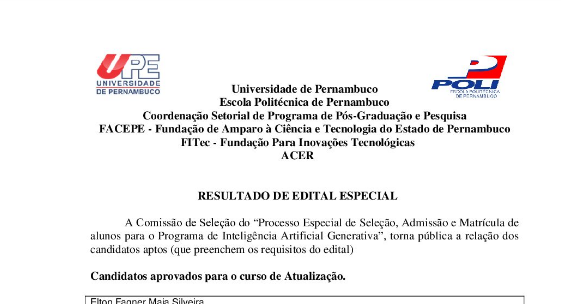 Resultado PARCIAL do Edital ESPECIAL de IA Generativa POLI-UPE 2024.2